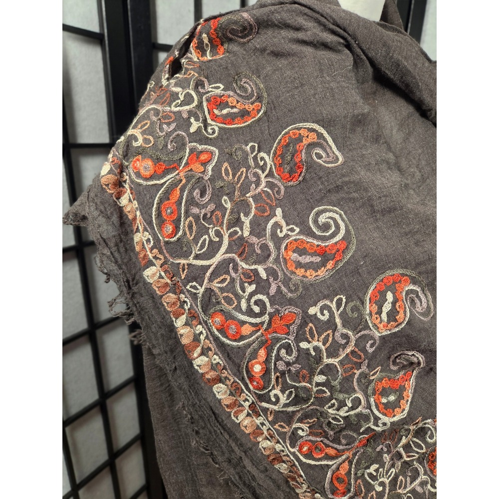 Paisley Embroidered Shawl Scarf Frayed Edge Cotton Blend Wrap Boho Scarf - Picture 2 of 5